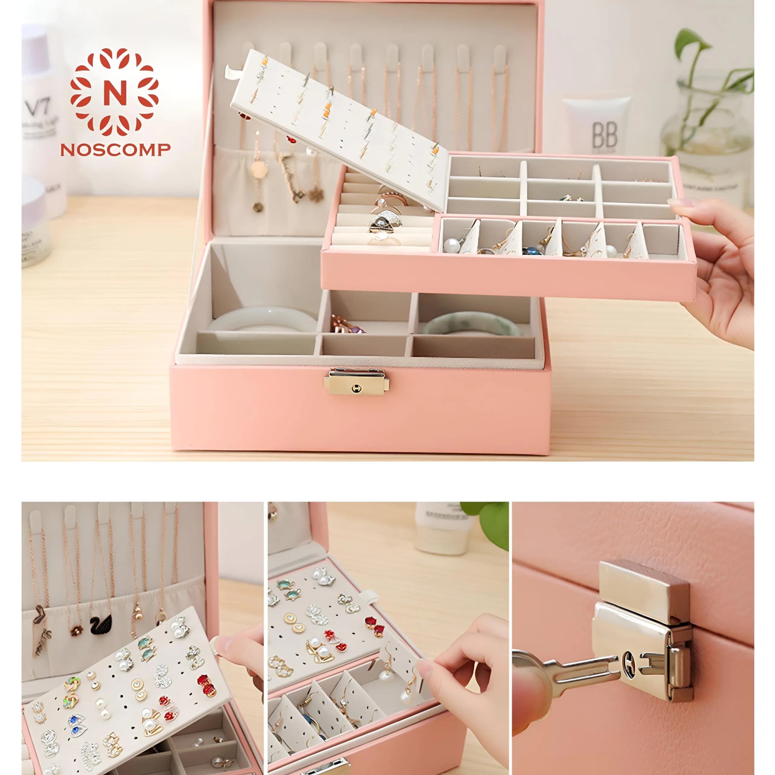 NOSCOMP Faux Leather Jewelry Organizer Box with Dividers, Portable Case 25cm (9.8") | Keeps Jewelry Tangle-Free - view 3