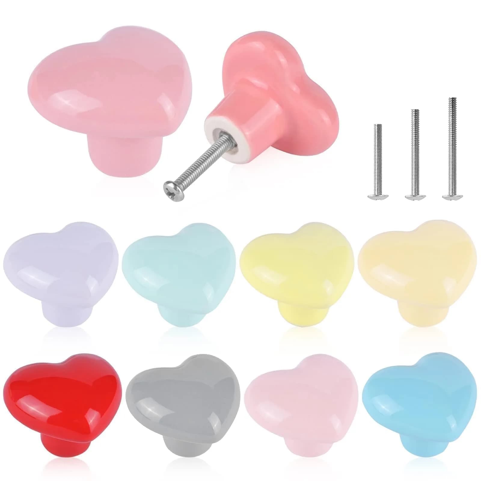 OctinPris Heart Dresser Knobs 4.5cm (1.77in) | Colorful Ceramic Drawer Pulls for Kids' Furniture (10-Pack)