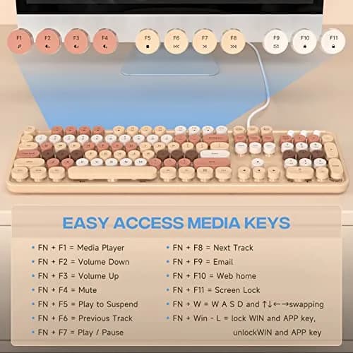 Atelus Retro Typewriter Wired Keyboard, Full-Size 104-Key with Number Pad, Milk Tea Colorful | Plug and Play USB Keyboard for Windows PC Laptop thumbnail 6