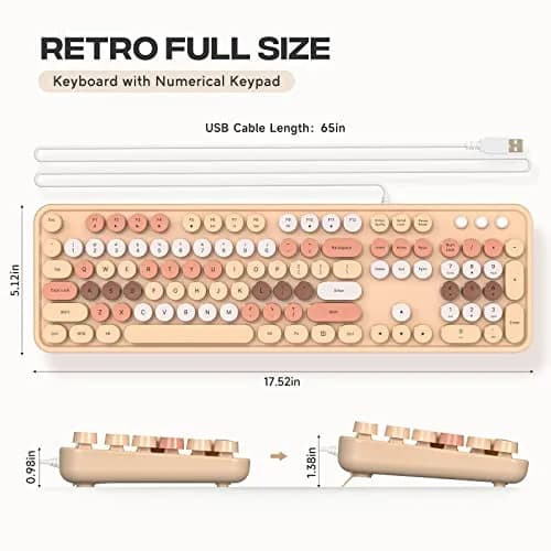 Atelus Retro Typewriter Wired Keyboard, Full-Size 104-Key with Number Pad, Milk Tea Colorful | Plug and Play USB Keyboard for Windows PC Laptop thumbnail 7