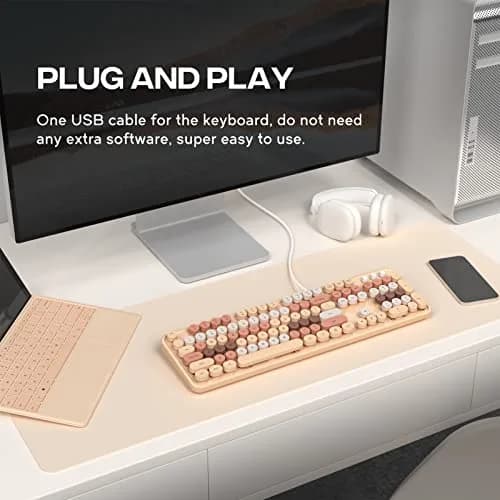 Atelus Retro Typewriter Wired Keyboard, Full-Size 104-Key with Number Pad, Milk Tea Colorful | Plug and Play USB Keyboard for Windows PC Laptop thumbnail 2