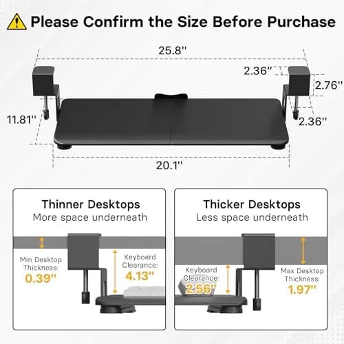BONTEC Under Desk Keyboard Tray, Pull-Out Keyboard & Mouse Platform 51 cm (20 in) | Ergonomic C-Clamp Mount thumbnail 2