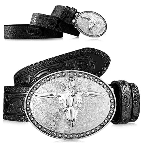 Xuniea Western Belt for Men 45 Inch (114 cm) | Floral Engraved Cowhide Leather with Longhorn Buckle thumbnail 1