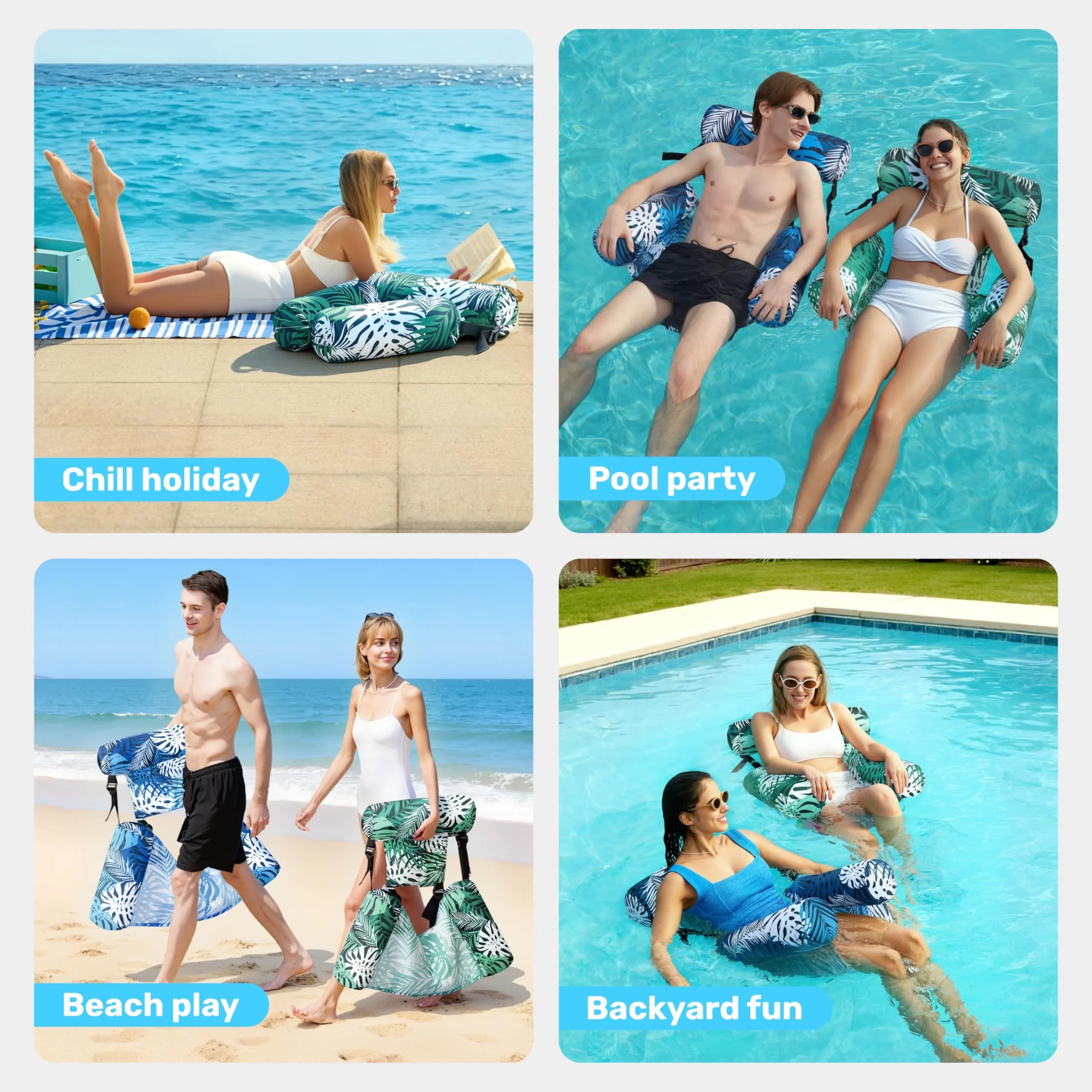 Sloosh Inflatable Pool Float Chairs 2-Pack 76x41x61 cm (30"x16"x24") | Tropical Leaves Design with Mesh Sling - view 8