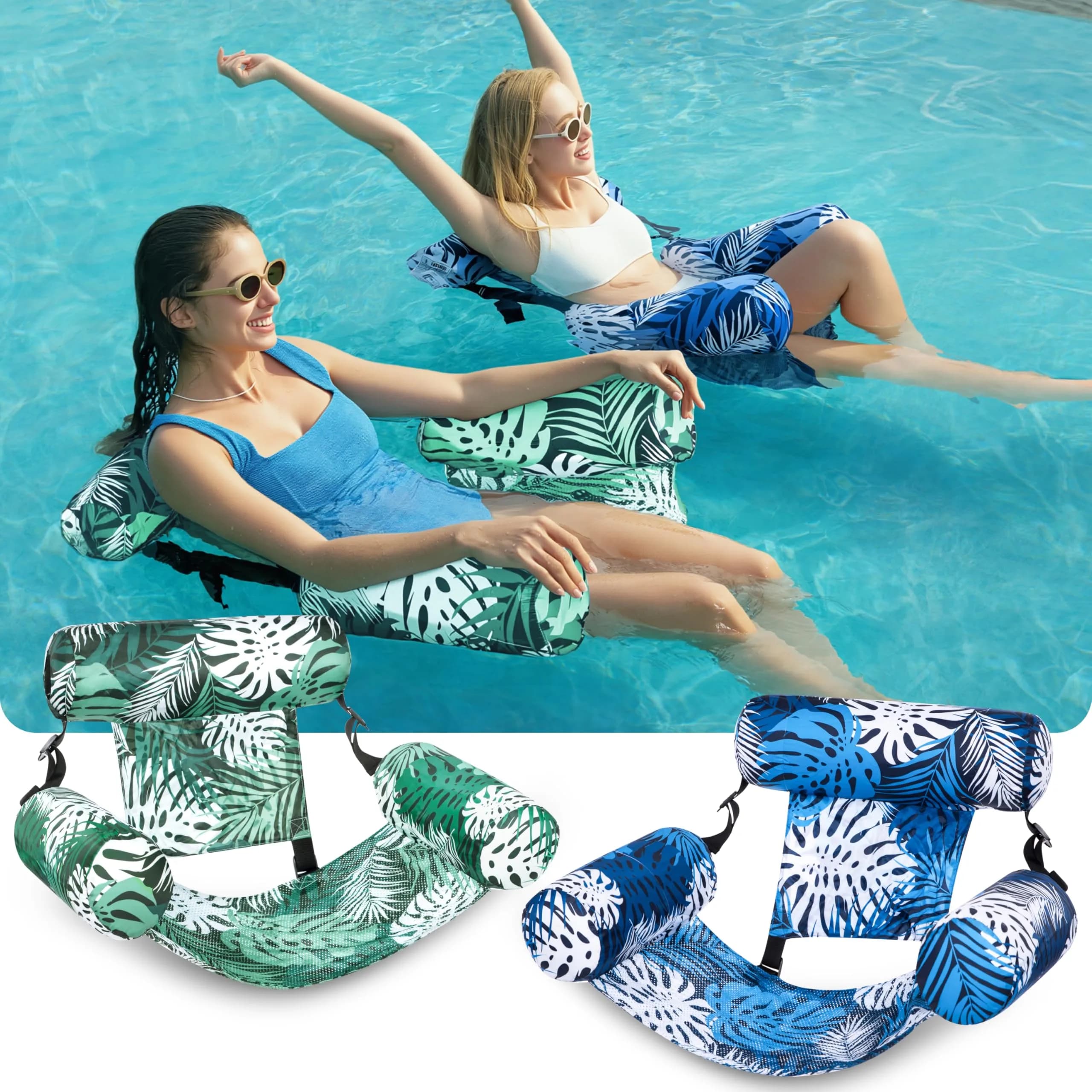 Sloosh Inflatable Pool Float Chairs 2-Pack 76x41x61 cm (30"x16"x24") | Tropical Leaves Design with Mesh Sling - view 2