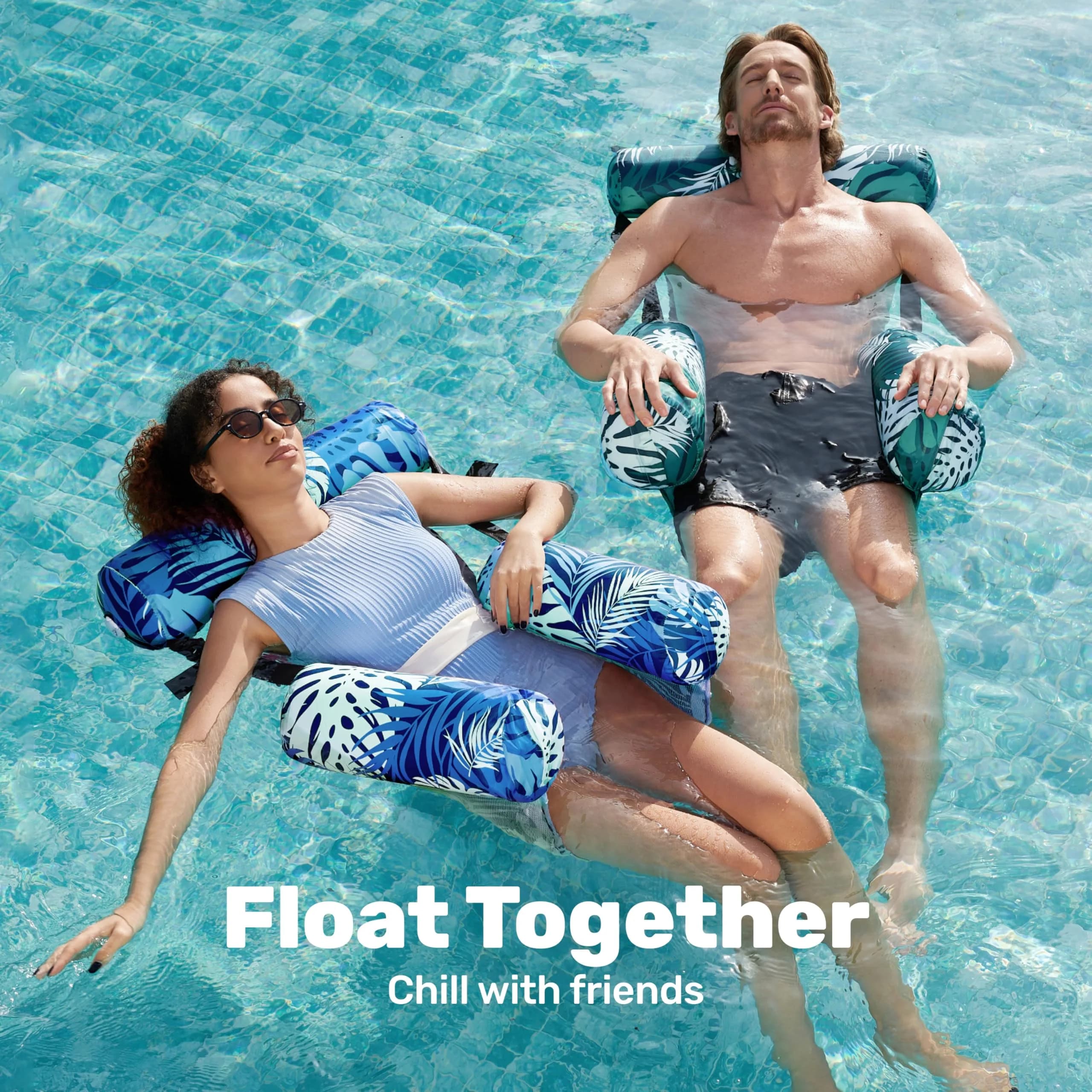 Sloosh Inflatable Pool Float Chairs 2-Pack 76x41x61 cm (30"x16"x24") | Tropical Leaves Design with Mesh Sling - view 3