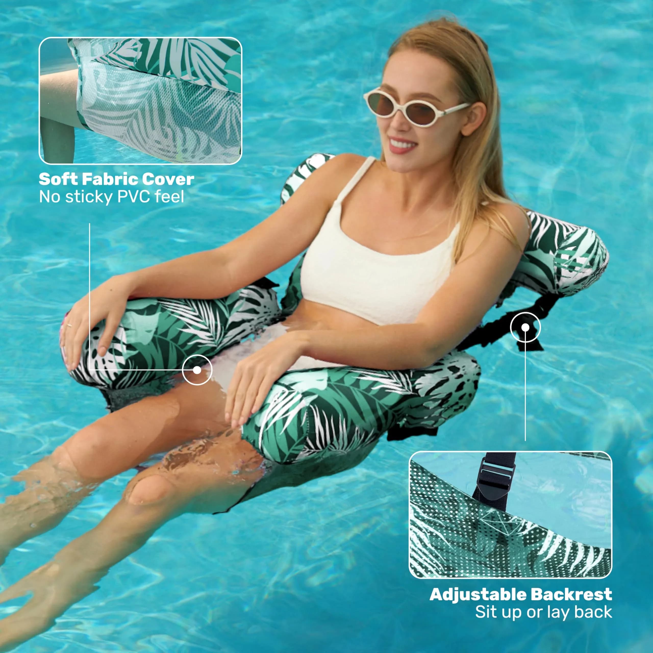 Sloosh Inflatable Pool Float Chairs 2-Pack 76x41x61 cm (30"x16"x24") | Tropical Leaves Design with Mesh Sling - view 4