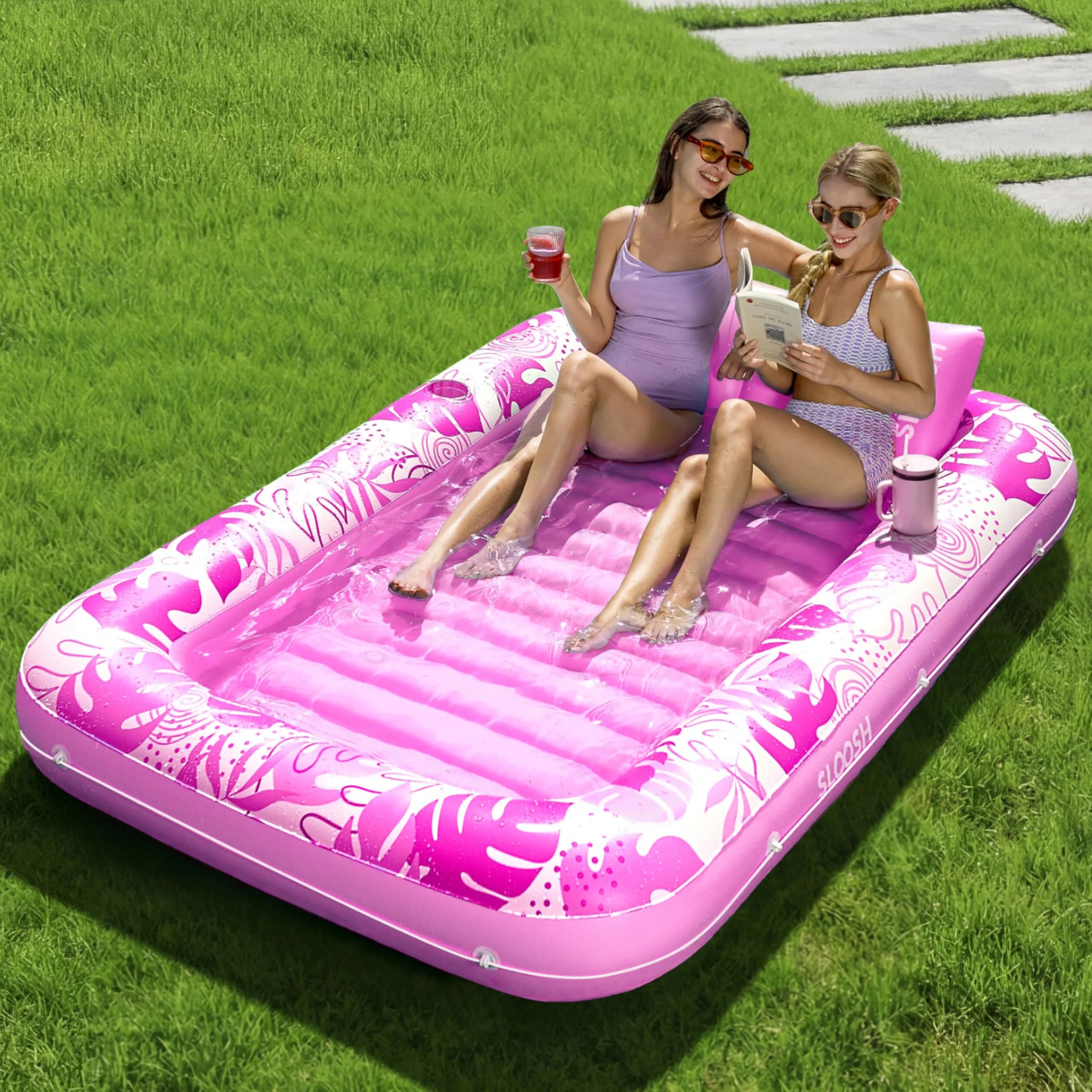 SLOOSH X-Large Hot Pink Inflatable Tanning Pool Lounger Float 70" x 46" | Relaxing Sunbathing Bed with Pillow - main product image