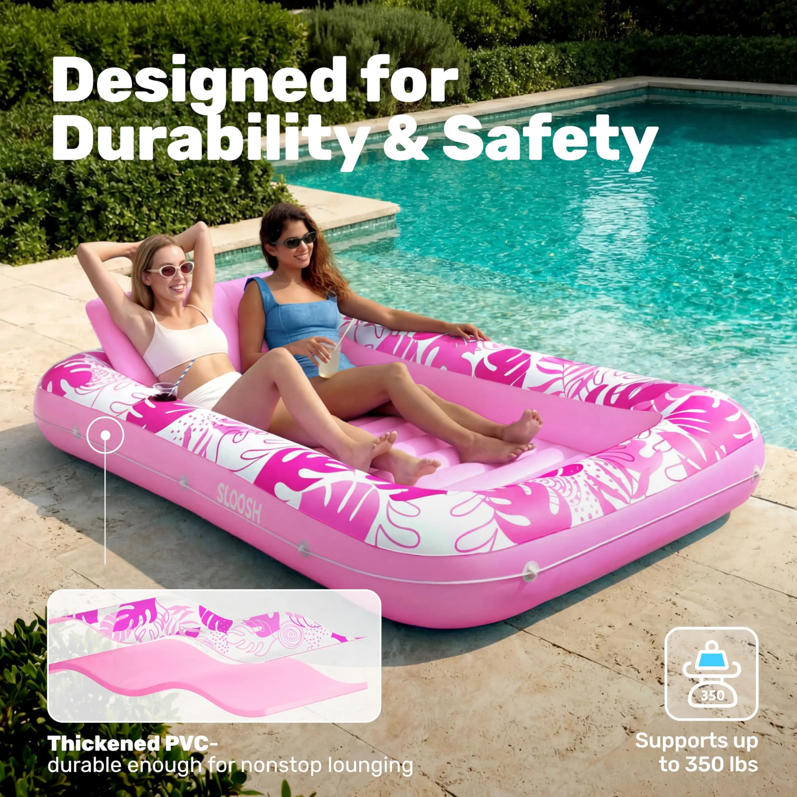 Sloosh Inflatable Tanning Pool Lounger Float 216cm (85") x 145cm (57") | 140kg Capacity, 2-Person Sunbathing Raft - view 5