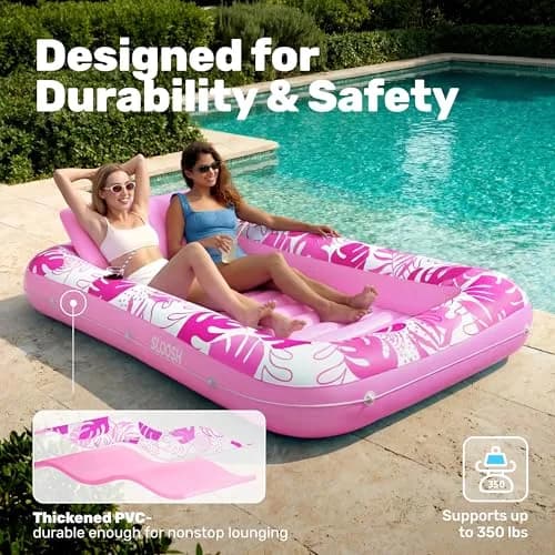 Sloosh Inflatable Tanning Pool Lounger Float 216cm (85") x 145cm (57") | 140kg Capacity, 2-Person Sunbathing Raft thumbnail 5