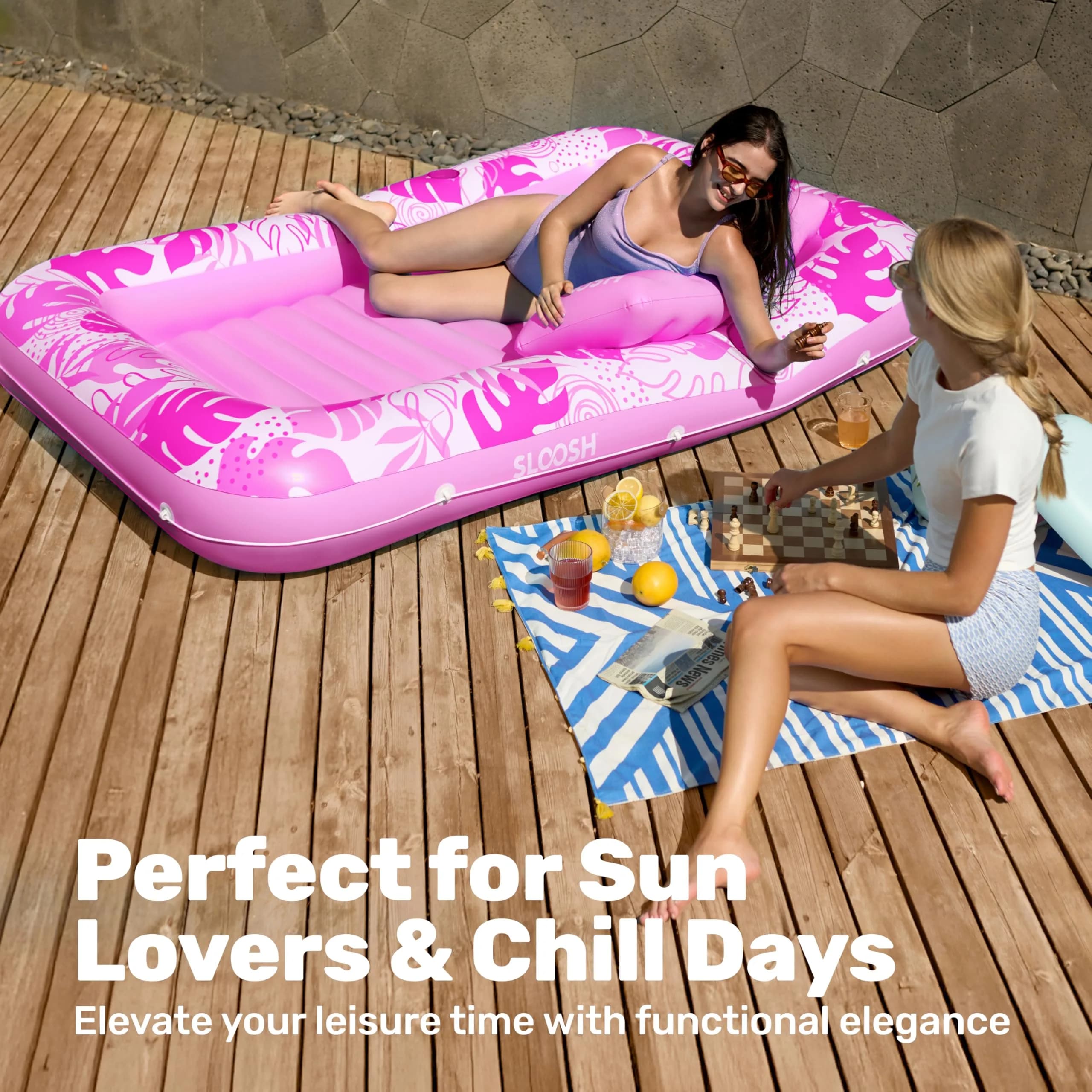 Sloosh Inflatable Tanning Pool Lounger Float 216cm (85") x 145cm (57") | 140kg Capacity, 2-Person Sunbathing Raft - view 8