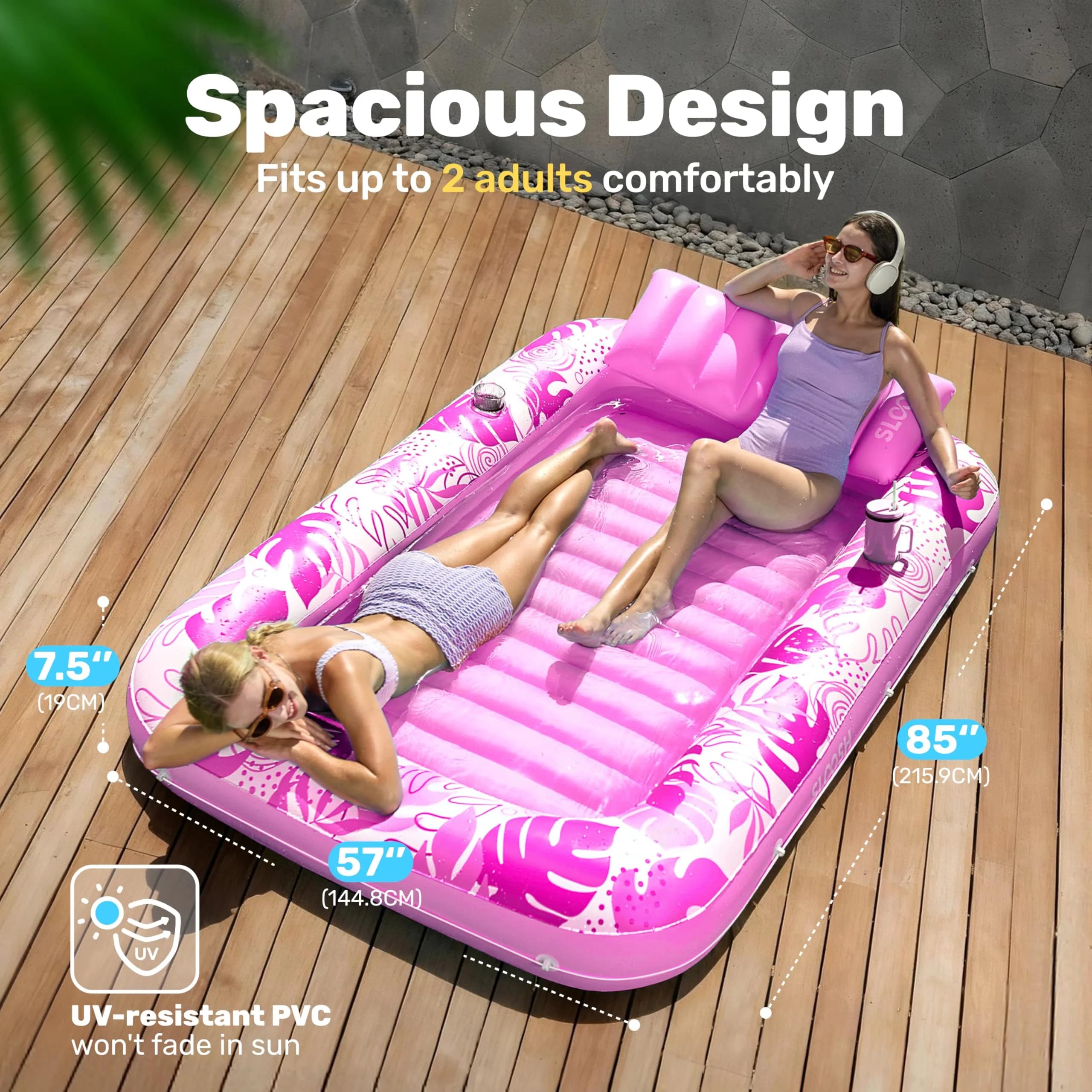 SLOOSH X-Large Hot Pink Inflatable Tanning Pool Lounger Float 70" x 46" | Relaxing Sunbathing Bed with Pillow - view 2