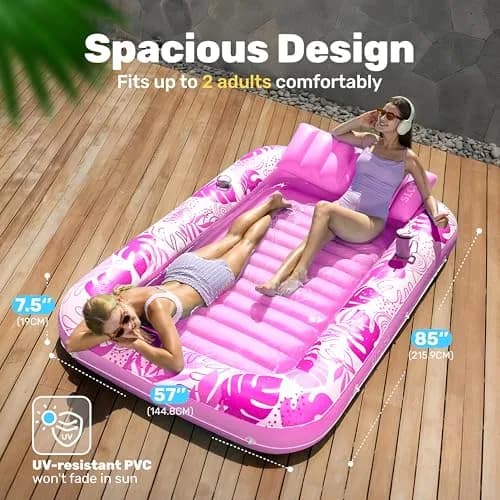 Sloosh Inflatable Tanning Pool Lounger Float 216cm (85") x 145cm (57") | 140kg Capacity, 2-Person Sunbathing Raft thumbnail 2