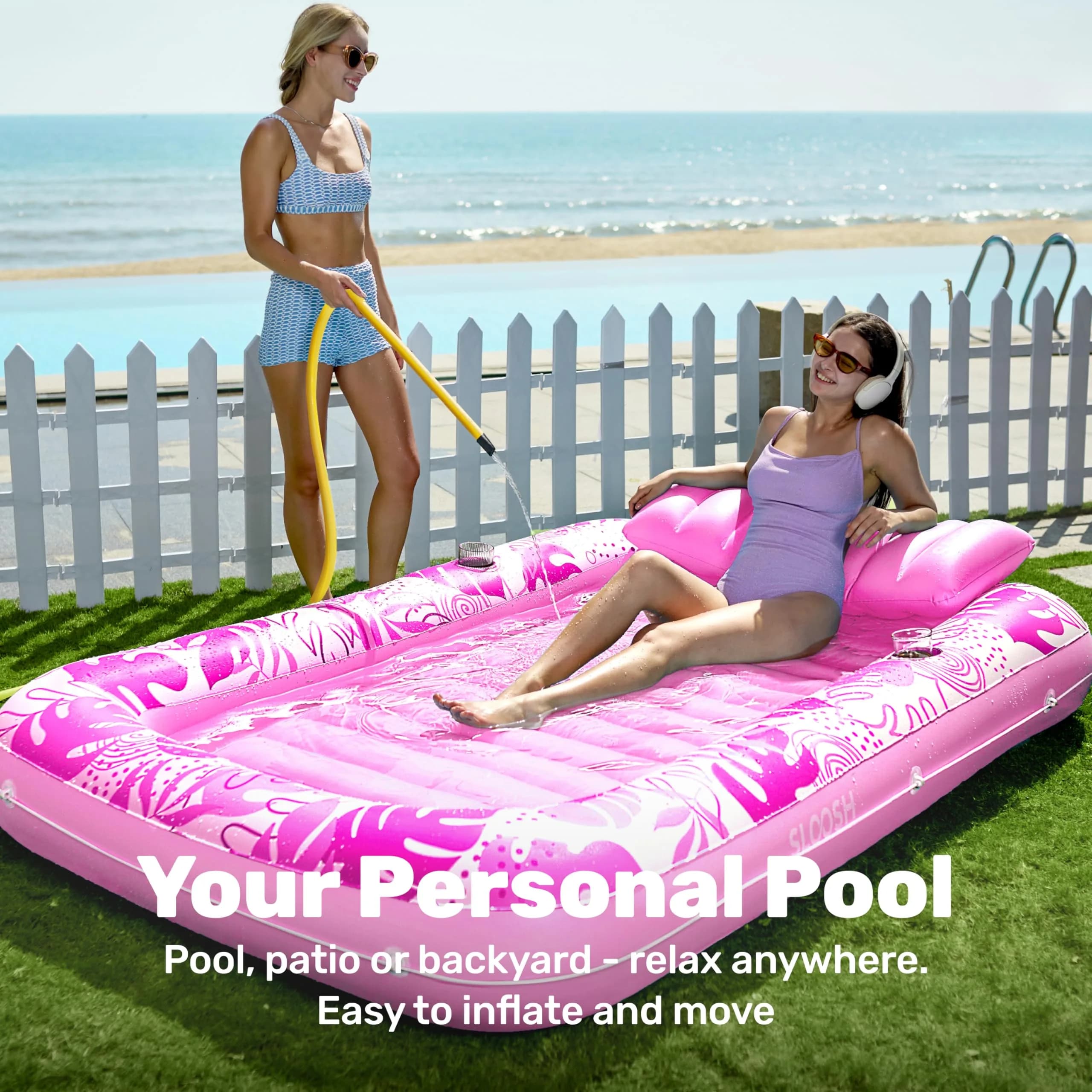 SLOOSH X-Large Hot Pink Inflatable Tanning Pool Lounger Float 70" x 46" | Relaxing Sunbathing Bed with Pillow - view 3