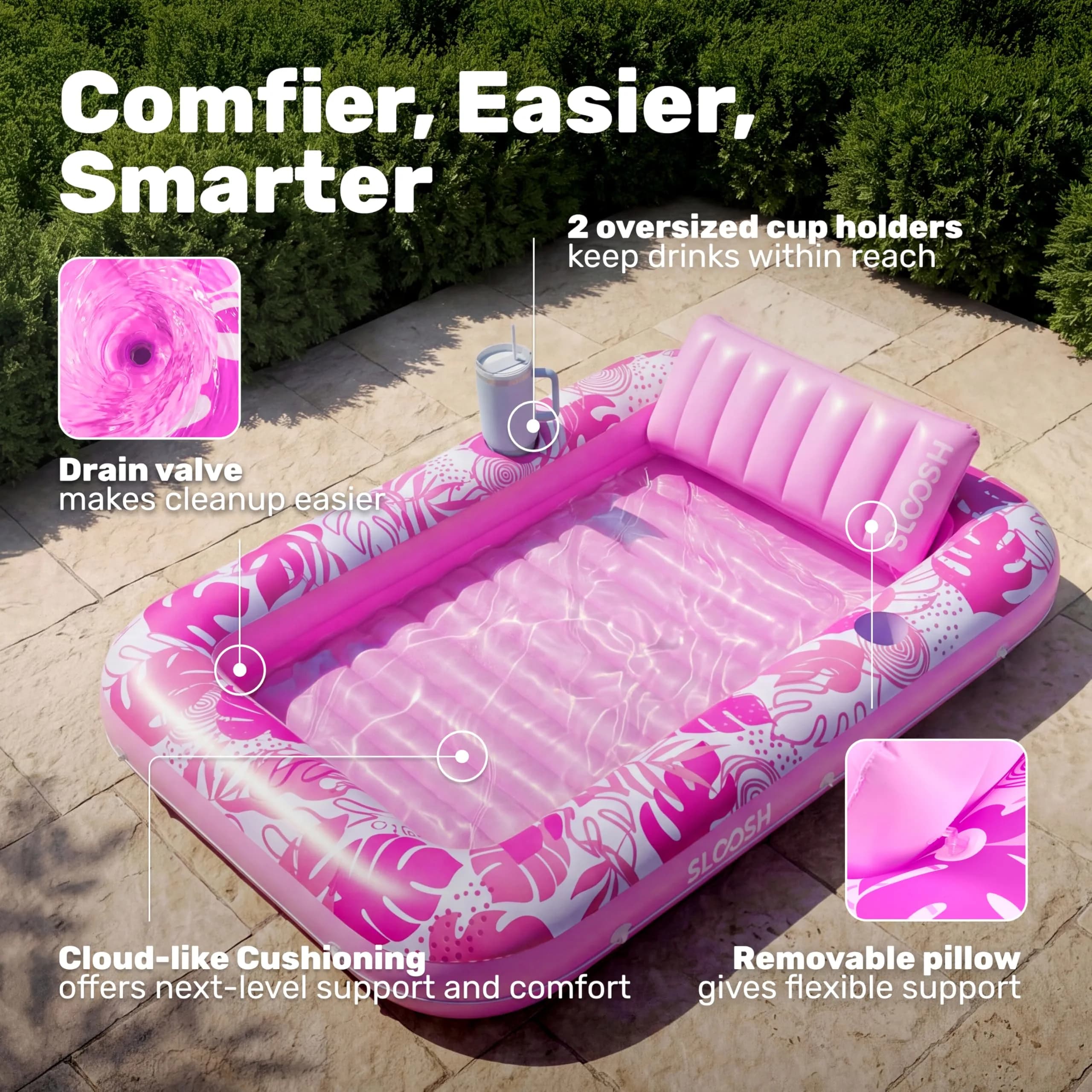 SLOOSH X-Large Hot Pink Inflatable Tanning Pool Lounger Float 70" x 46" | Relaxing Sunbathing Bed with Pillow - view 4