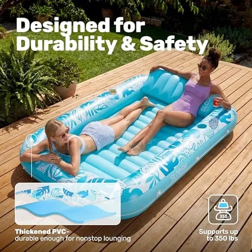 Sloosh Inflatable Tanning Pool Lounger Float 216cm x 145cm (85" x 57") | XL Blue with Pillow & Drink Holders thumbnail 5