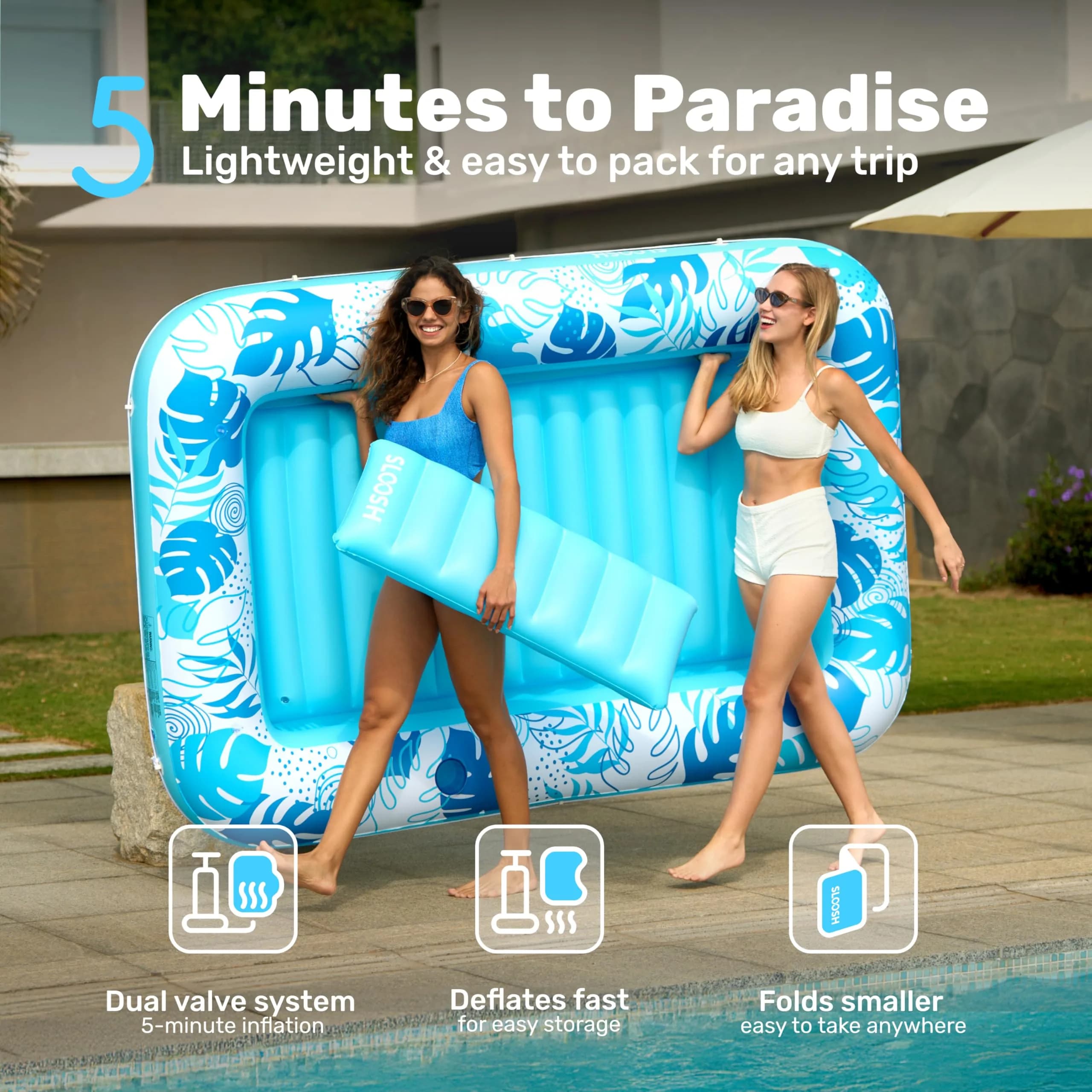 Sloosh Inflatable Tanning Pool Lounger Float 216cm x 145cm (85" x 57") | XL Blue with Pillow & Drink Holders - view 6