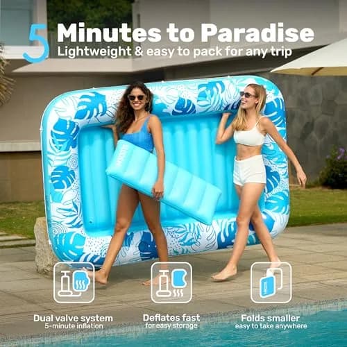 Sloosh Inflatable Tanning Pool Lounger Float 216cm x 145cm (85" x 57") | XL Blue with Pillow & Drink Holders thumbnail 6