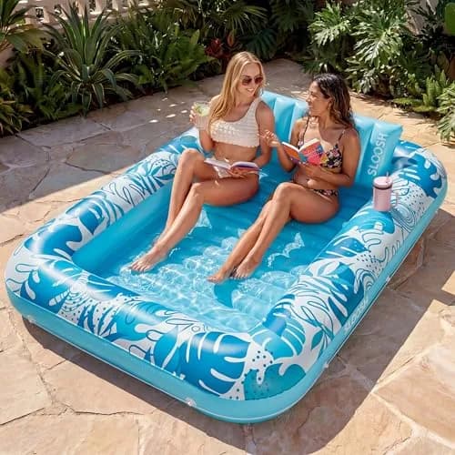 Sloosh Inflatable Tanning Pool Lounger Float 216cm x 145cm (85" x 57") | XL Blue with Pillow & Drink Holders thumbnail 1