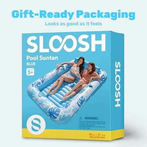 Sloosh Inflatable Tanning Pool Lounger Float 216cm x 145cm (85" x 57") | XL Blue with Pillow & Drink Holders thumbnail 8