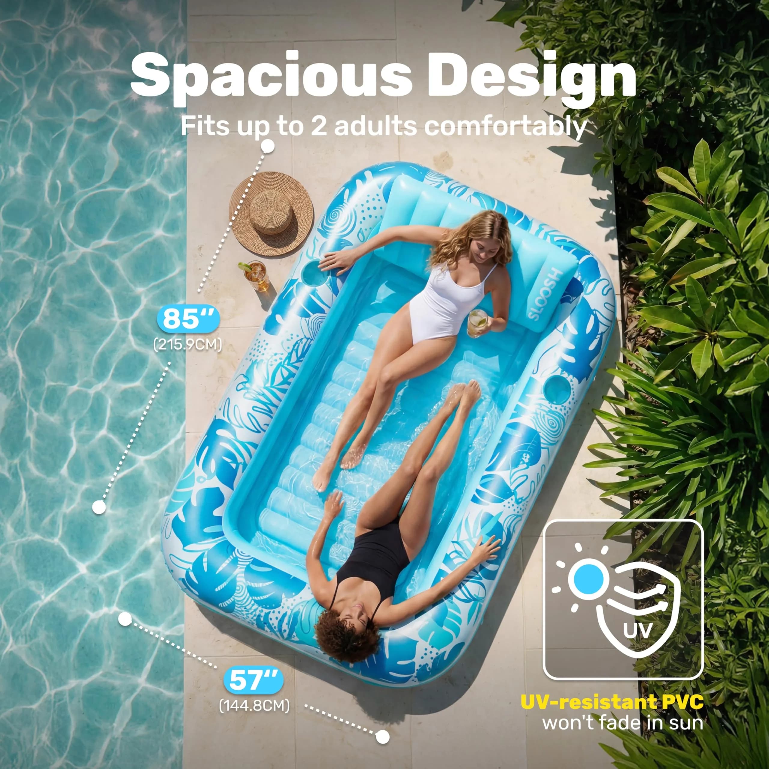 SLOOSH X-Large Inflatable Tanning Pool Lounger Float 70" x 46" Aqua Blue | Relaxing Sunbathing Bed with Pillow - view 2