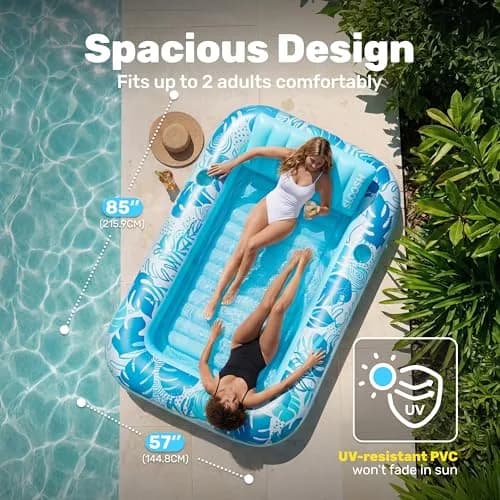 Sloosh Inflatable Tanning Pool Lounger Float 216cm x 145cm (85" x 57") | XL Blue with Pillow & Drink Holders thumbnail 2