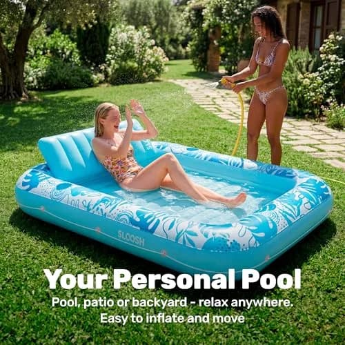 Sloosh Inflatable Tanning Pool Lounger Float 216cm x 145cm (85" x 57") | XL Blue with Pillow & Drink Holders thumbnail 3