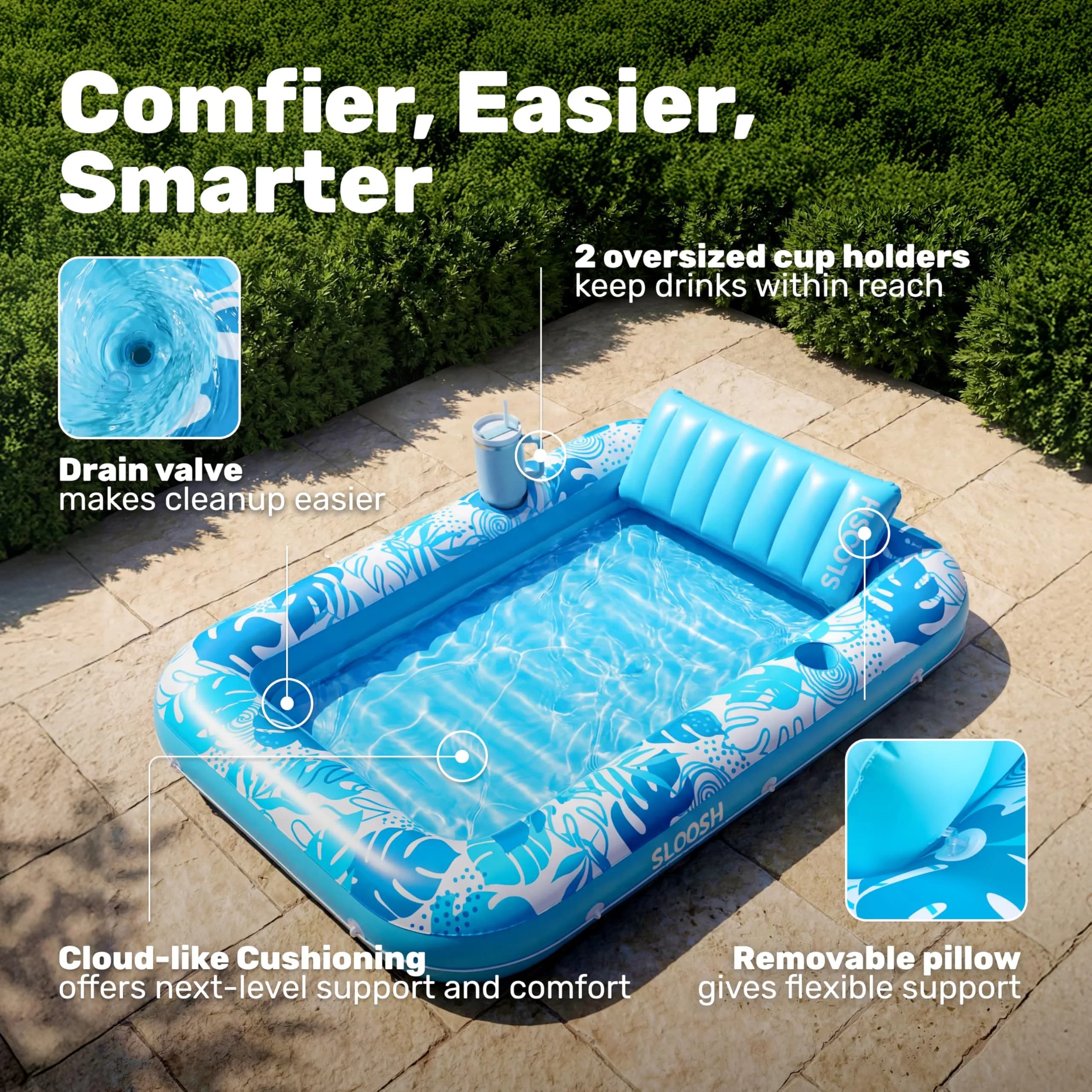 SLOOSH X-Large Inflatable Tanning Pool Lounger Float 70" x 46" Aqua Blue | Relaxing Sunbathing Bed with Pillow - view 4