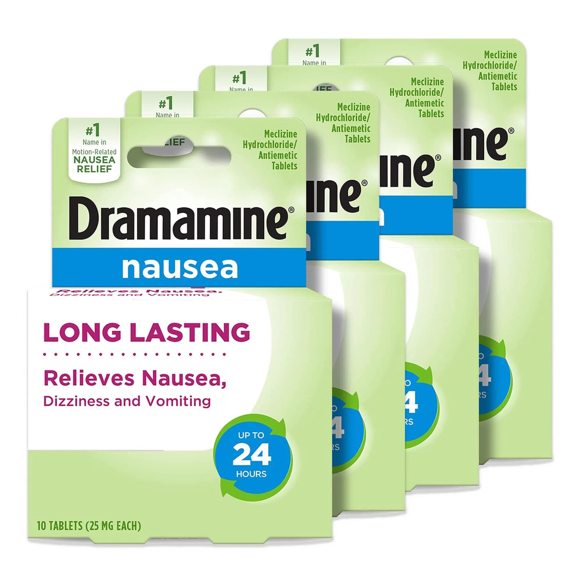 Dramamine Nausea Relief Tablets Long Lasting 10 Ct Pack of 4 | Up to 24 Hours Motion Sickness Support