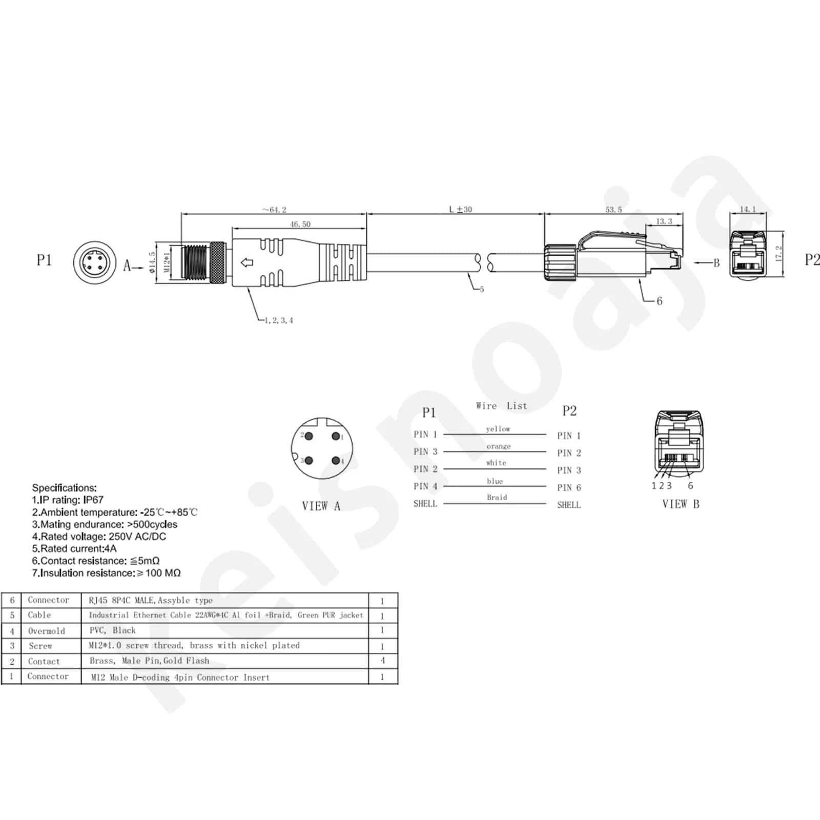 keisnoaja M12 to RJ45 Industrial Ethernet Cable 1m (3.28 ft) | IP67 Waterproof Connector for Automation - view 3