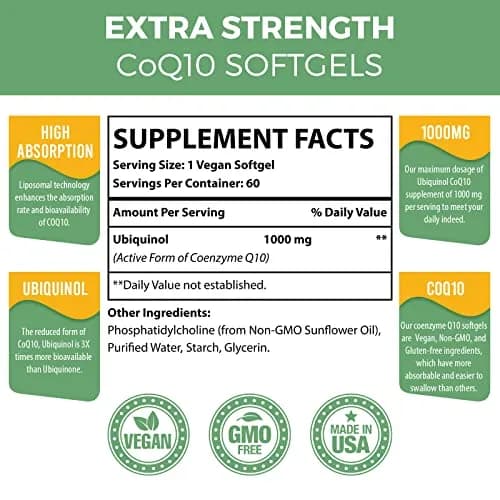 Mecinalis 1000mg Liposomal CoQ10 Softgels | Better Absorption CoQ10 Ubiquinol Supplement | Heart Function & Energy Production | Active Antioxidant Form of Vegan Coenzyme Q10 | Non-GMO | 120 Softgels thumbnail 2