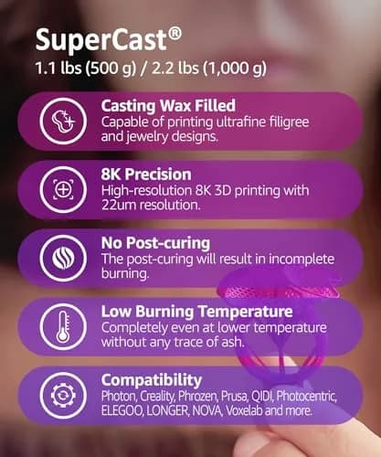 3DMaterials SuperCast 8K 3D Print Resin Wax Filled Jewelry Casting 1000g | High-Resolution, Low Temp Burnout thumbnail 2