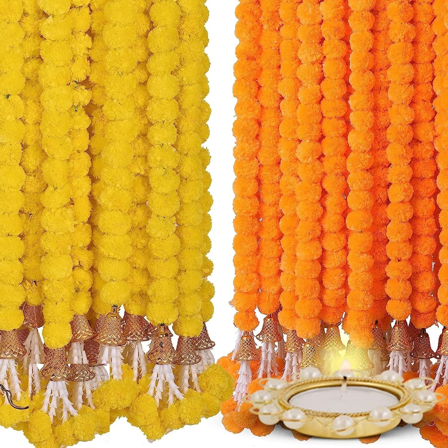 HOME BUY Artificial Genda Phool Garland 5 Feet Long (152 cm) | 10 Pcs Orange+Yellow with 2 Diya