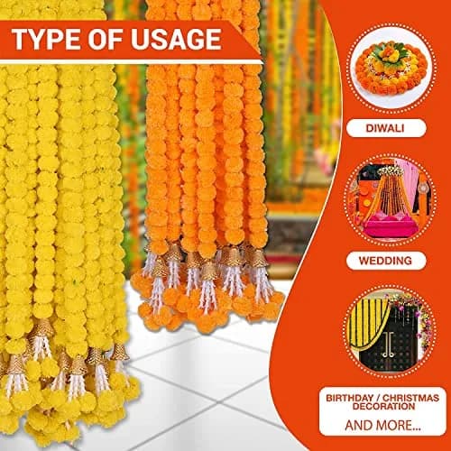 HOME BUY Artificial Genda Phool Garland 5 Feet Long (152 cm) | 10 Pcs Orange+Yellow with 2 Diya thumbnail 4