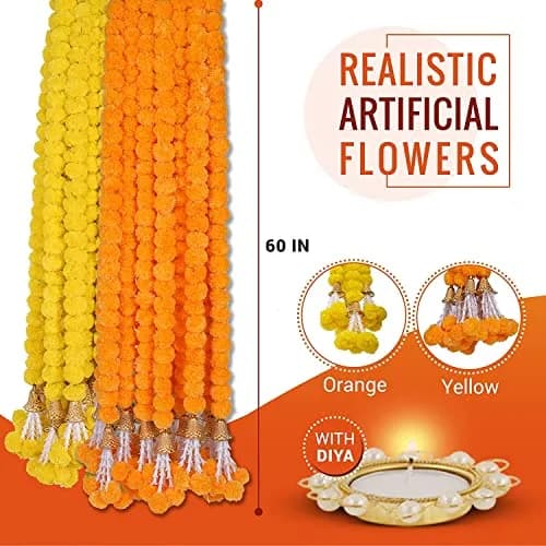 HOME BUY Artificial Genda Phool Garland 5 Feet Long (152 cm) | 10 Pcs Orange+Yellow with 2 Diya thumbnail 5