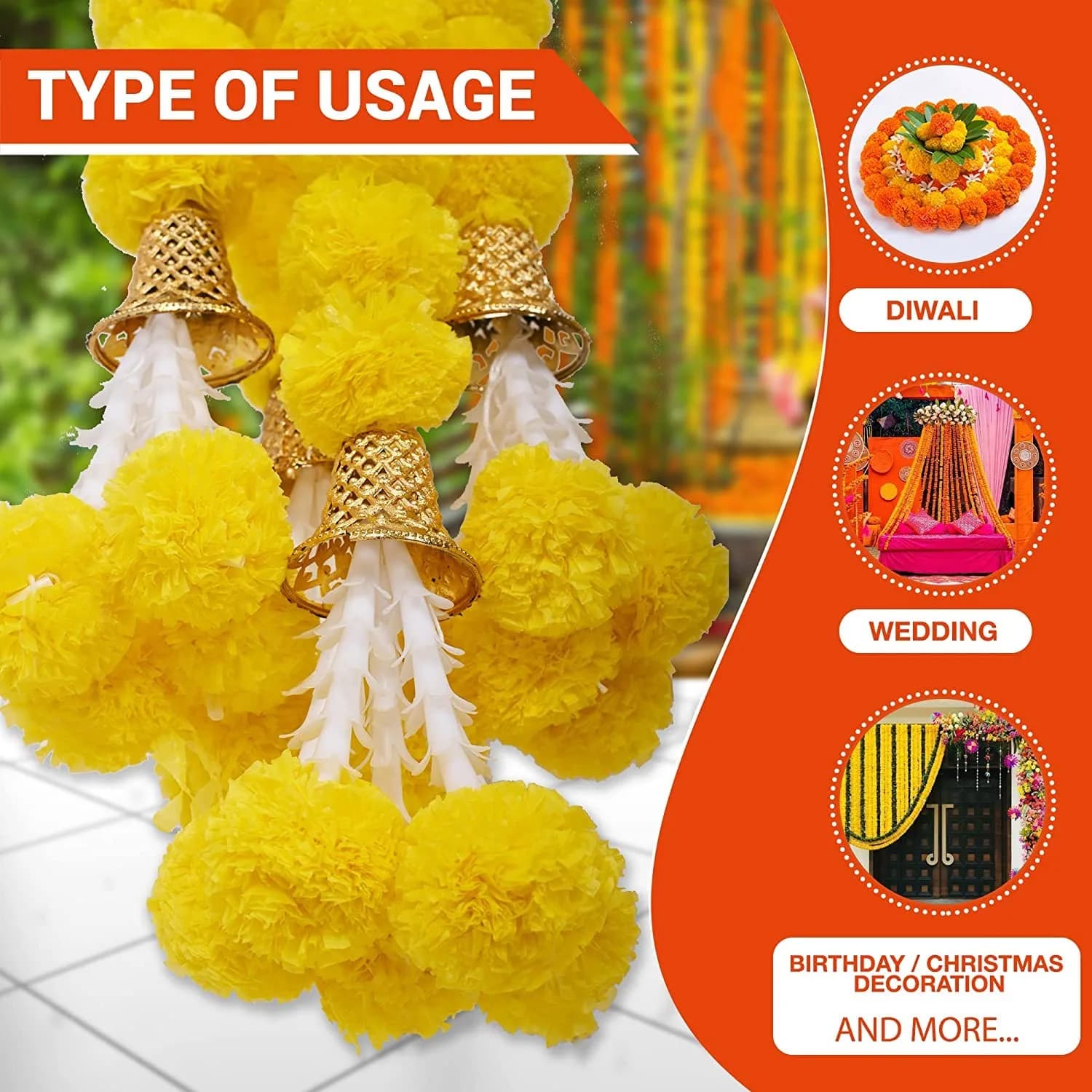 HOME BUY Artificial Genda Phool Garland 5 Feet Long (152 cm) | 10 Pcs Orange+Yellow with 2 Diya - view 6
