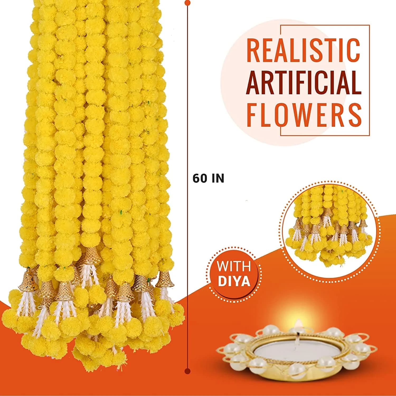 HOME BUY Artificial Genda Phool Garland 5 Feet Long (152 cm) | 10 Pcs Orange+Yellow with 2 Diya - view 7