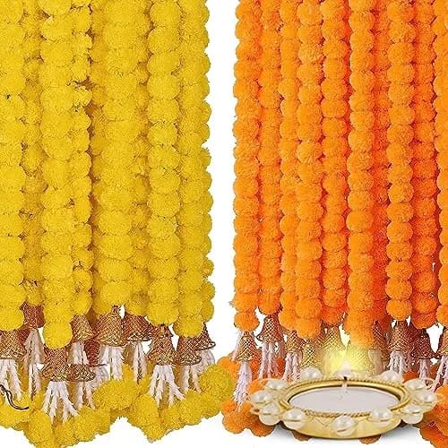 HOME BUY Artificial Genda Phool Garland 5 Feet Long (152 cm) | 10 Pcs Orange+Yellow with 2 Diya thumbnail 1