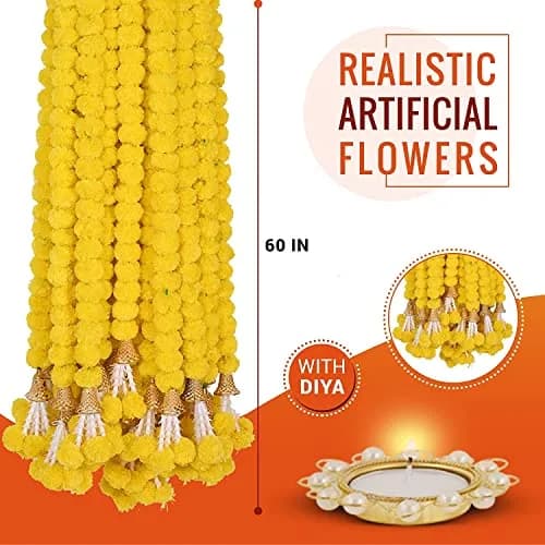 HOME BUY Artificial Genda Phool Garland 5 Feet Long (152 cm) | 10 Pcs Orange+Yellow with 2 Diya thumbnail 7