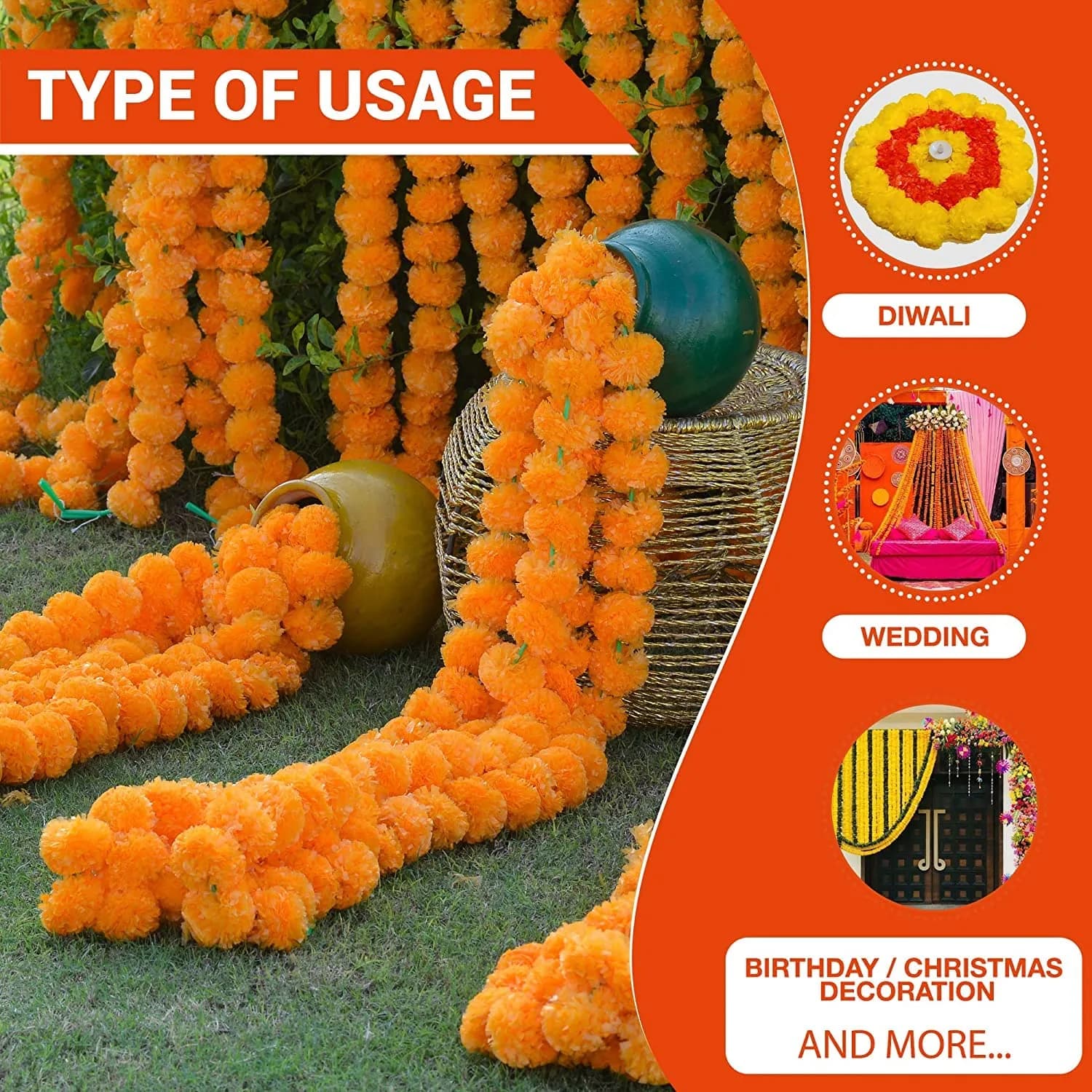 HOME BUY Artificial Genda Phool Garland 5 Feet Long (152 cm) | 10 Pcs Orange+Yellow with 2 Diya - view 8