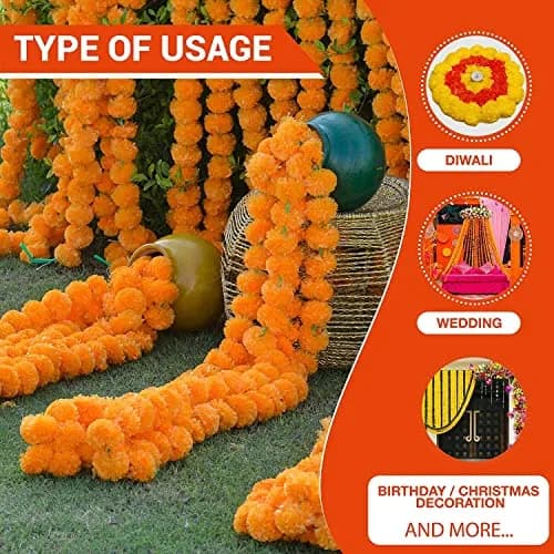 HOME BUY Artificial Genda Phool Garland 5 Feet Long (152 cm) | 10 Pcs Orange+Yellow with 2 Diya thumbnail 8