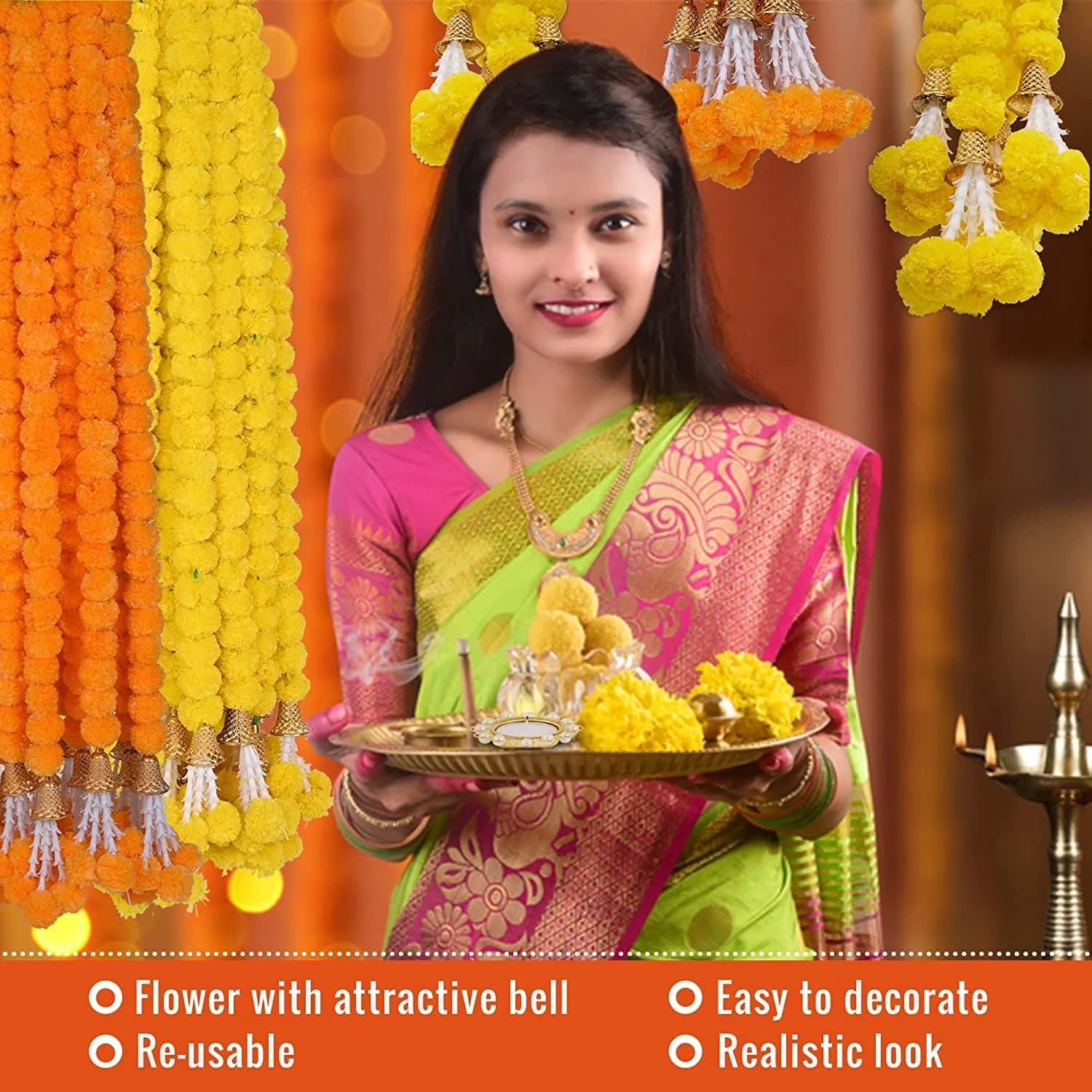 HOME BUY Artificial Genda Phool Garland 5 Feet Long (152 cm) | 10 Pcs Orange+Yellow with 2 Diya - view 2
