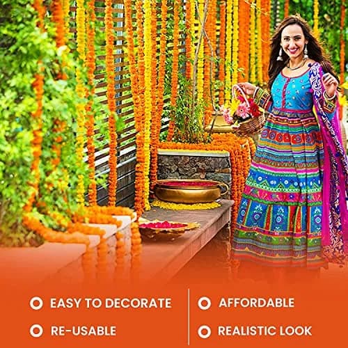 HOME BUY Artificial Genda Phool Garland 5 Feet Long (152 cm) | 10 Pcs Orange+Yellow with 2 Diya thumbnail 3