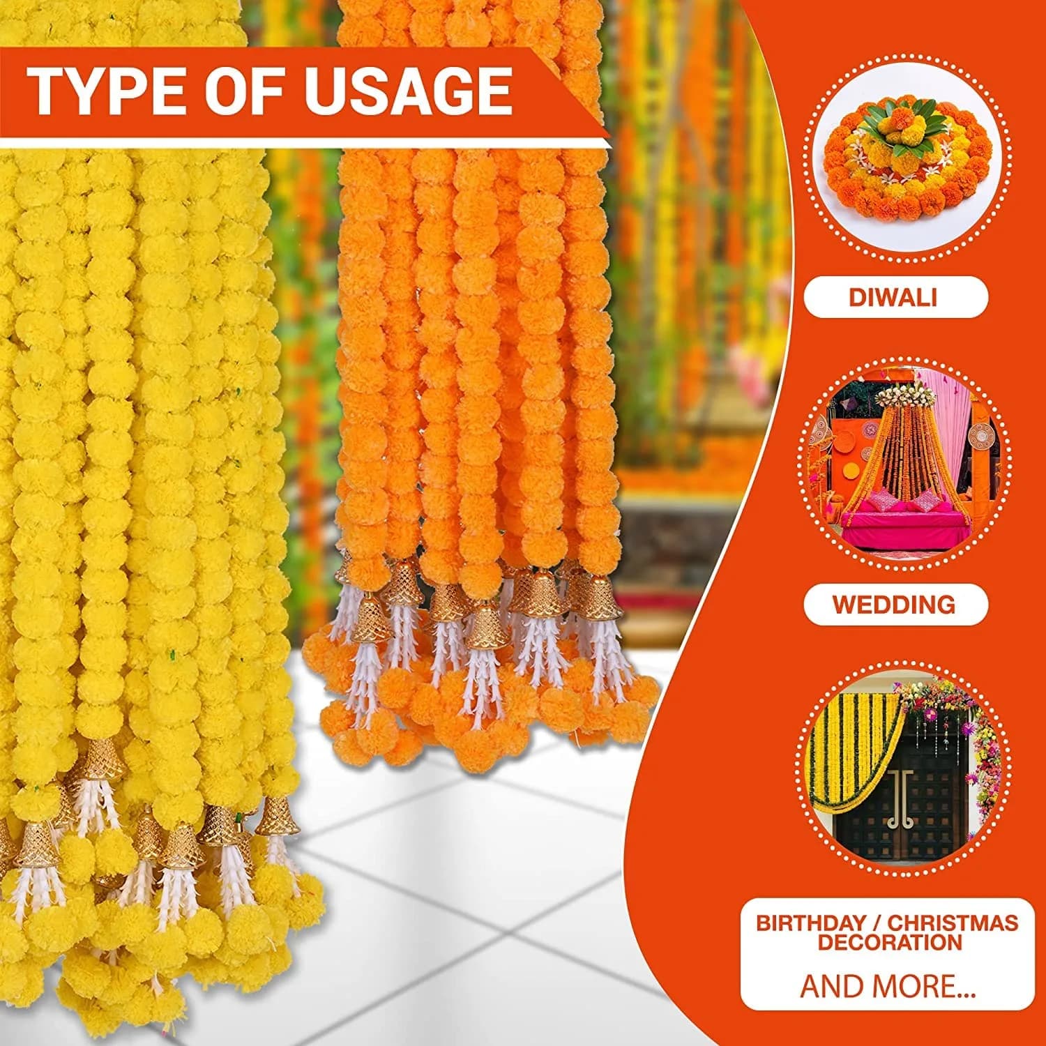 HOME BUY Artificial Genda Phool Garland 5 Feet Long (152 cm) | 10 Pcs Orange+Yellow with 2 Diya - view 4