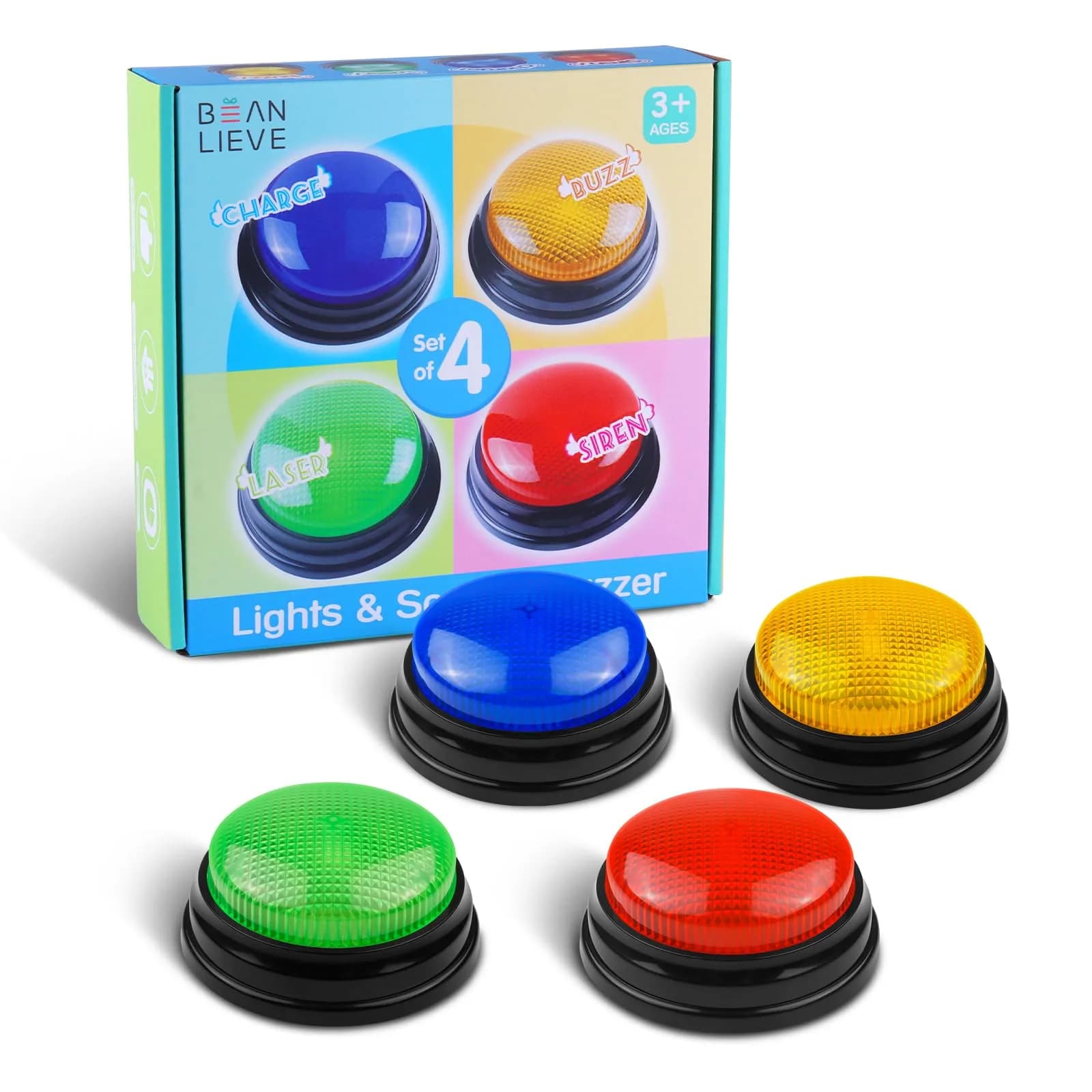 BEAN LIEVE 4-Pack Game Buzzers with Lights & Sounds | Educational Classroom & Party Game Show Answer Buzzers — Red, Blue, Yellow, Green