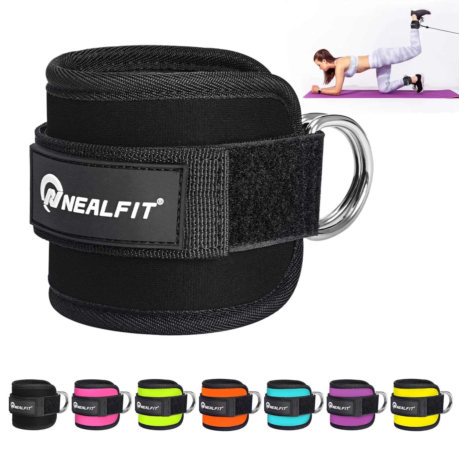 NEALFIT Ankle Strap for Cable Machine, Black Single | Reinforced Steel D-Ring for Glute Kickbacks - main product image