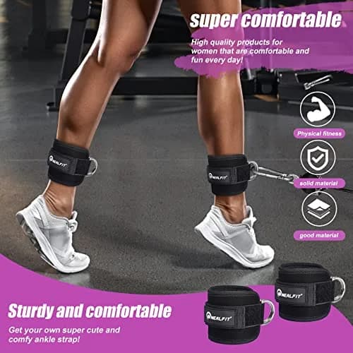 NEALFIT Black Ankle Strap Pair for Cable Machines | Reinforced Steel D-Ring for Glute Kickbacks & Leg Extensions thumbnail 7