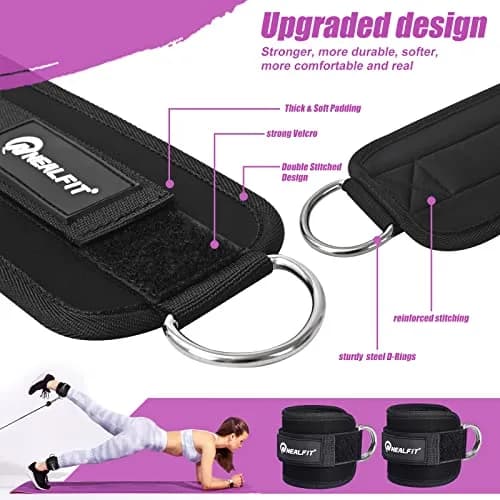 NEALFIT Black Ankle Strap Pair for Cable Machines | Reinforced Steel D-Ring for Glute Kickbacks & Leg Extensions thumbnail 3