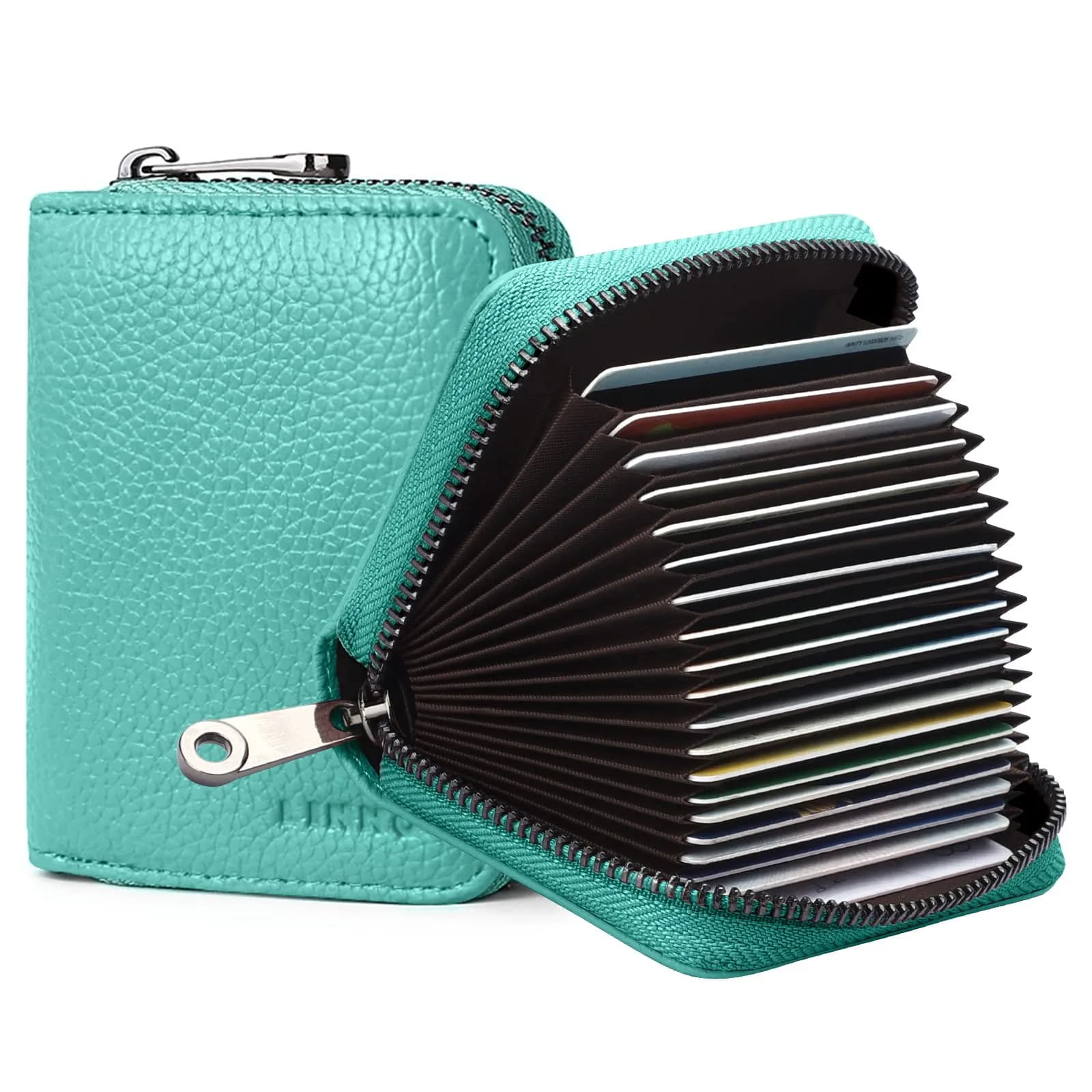 Linno Tiffany Blue RFID Genuine Leather Credit Card Holder Small Wallet with Zipper | 20 Slots - main product image