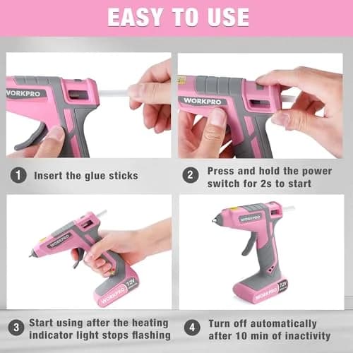 WORKPRO Pink Cordless Hot Melt Glue Gun 7.2V | Fast Preheating, Rechargeable, Safe for Crafts & Repairs thumbnail 7